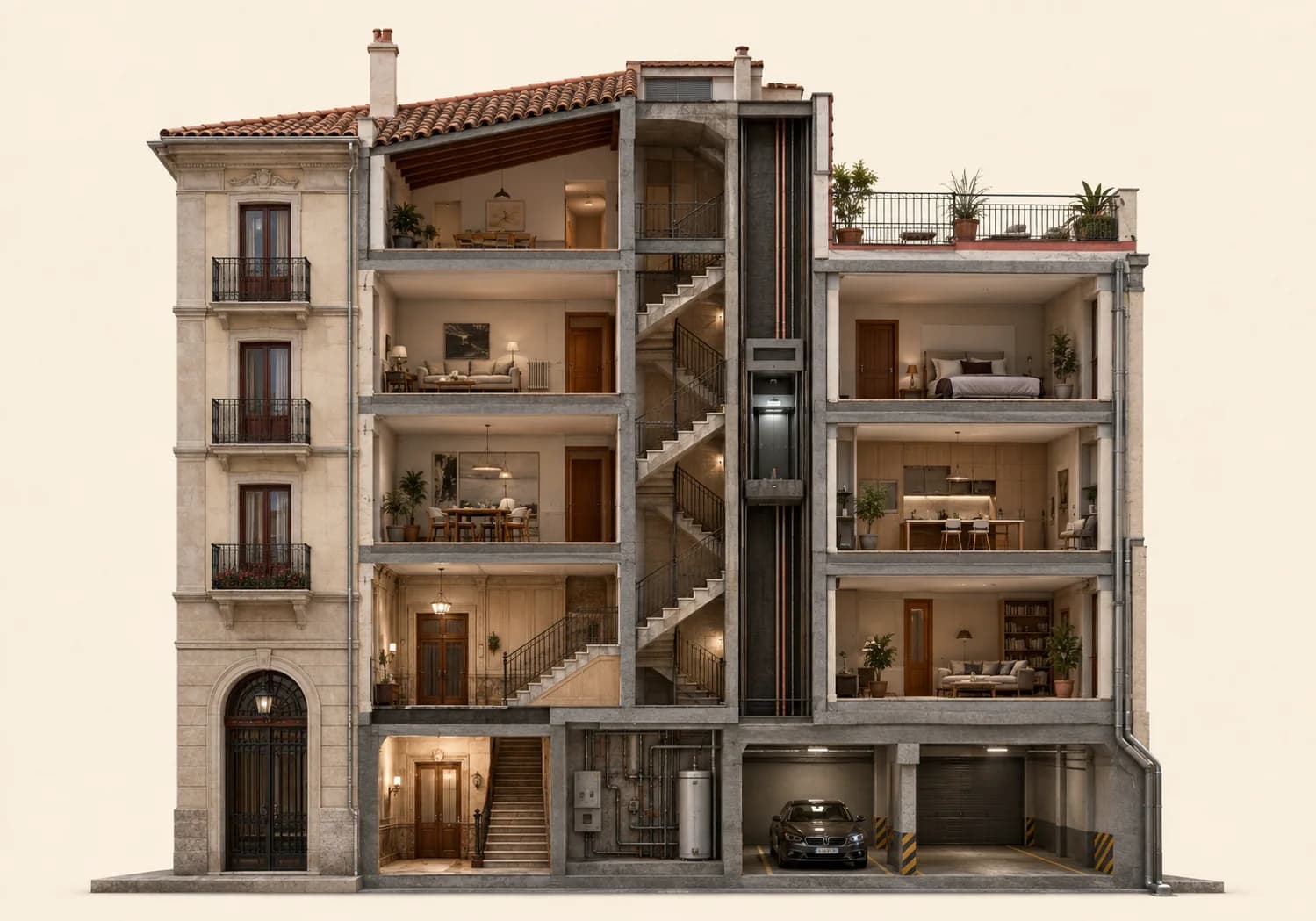 Sección de un edificio con cubierta, bajantes, ascensor y garaje