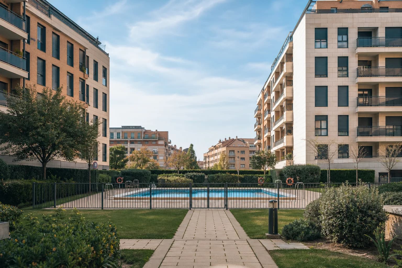 Urbanización residencial española con piscina y jardín